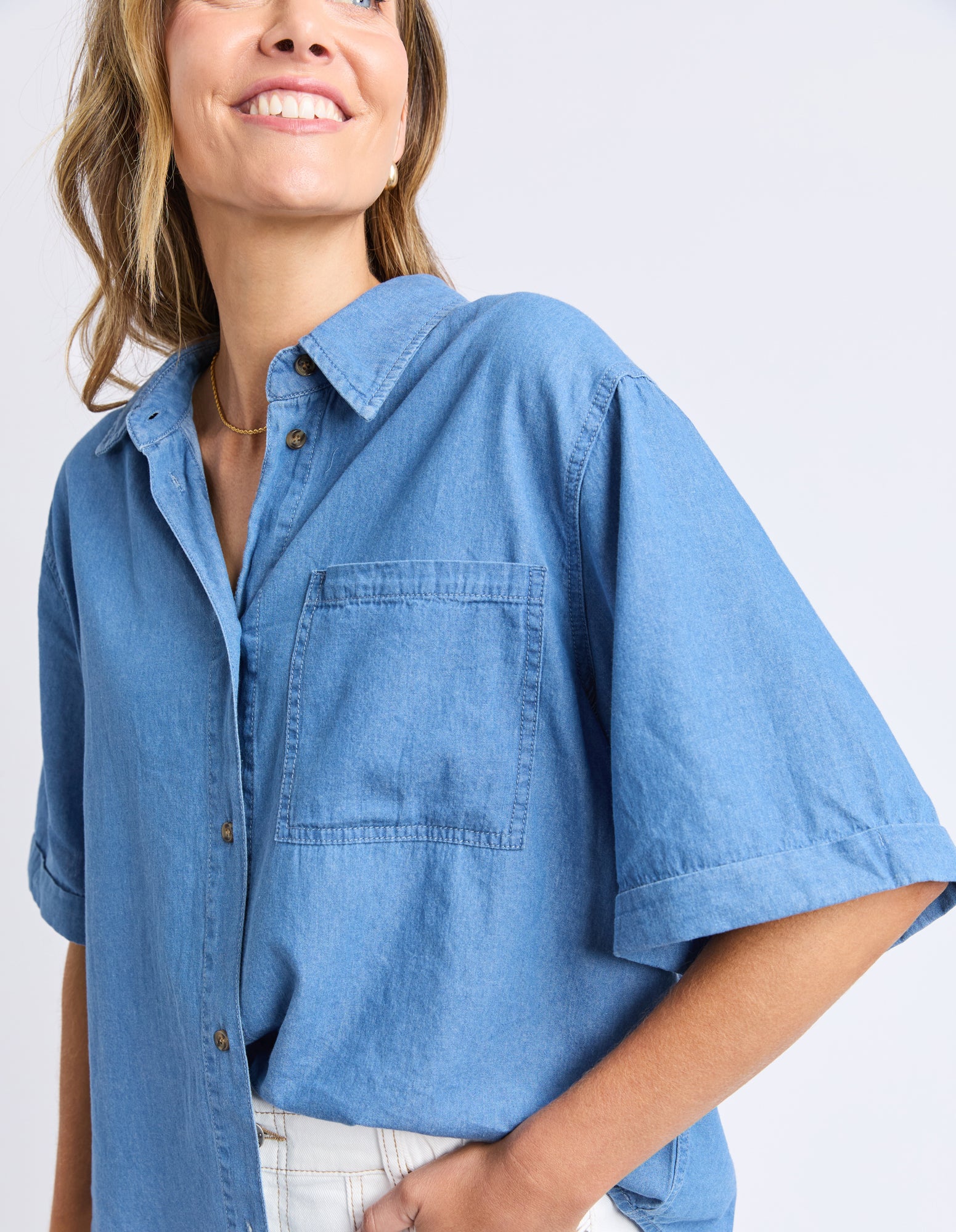 Blissful Chambray Shirt Mid Blue - Image 5