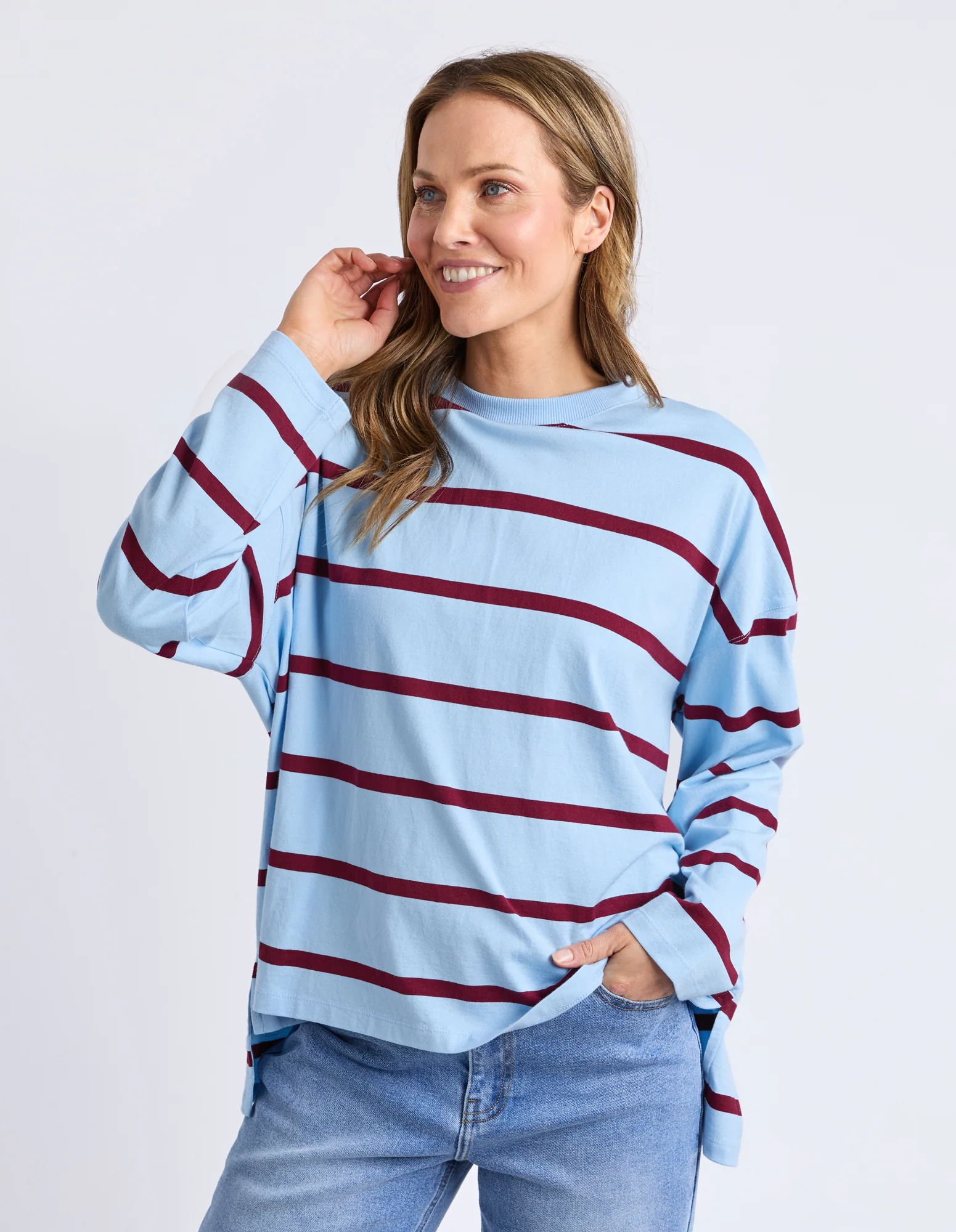 Callie Stripe Long Sleeve Tee Light Blue/Plum