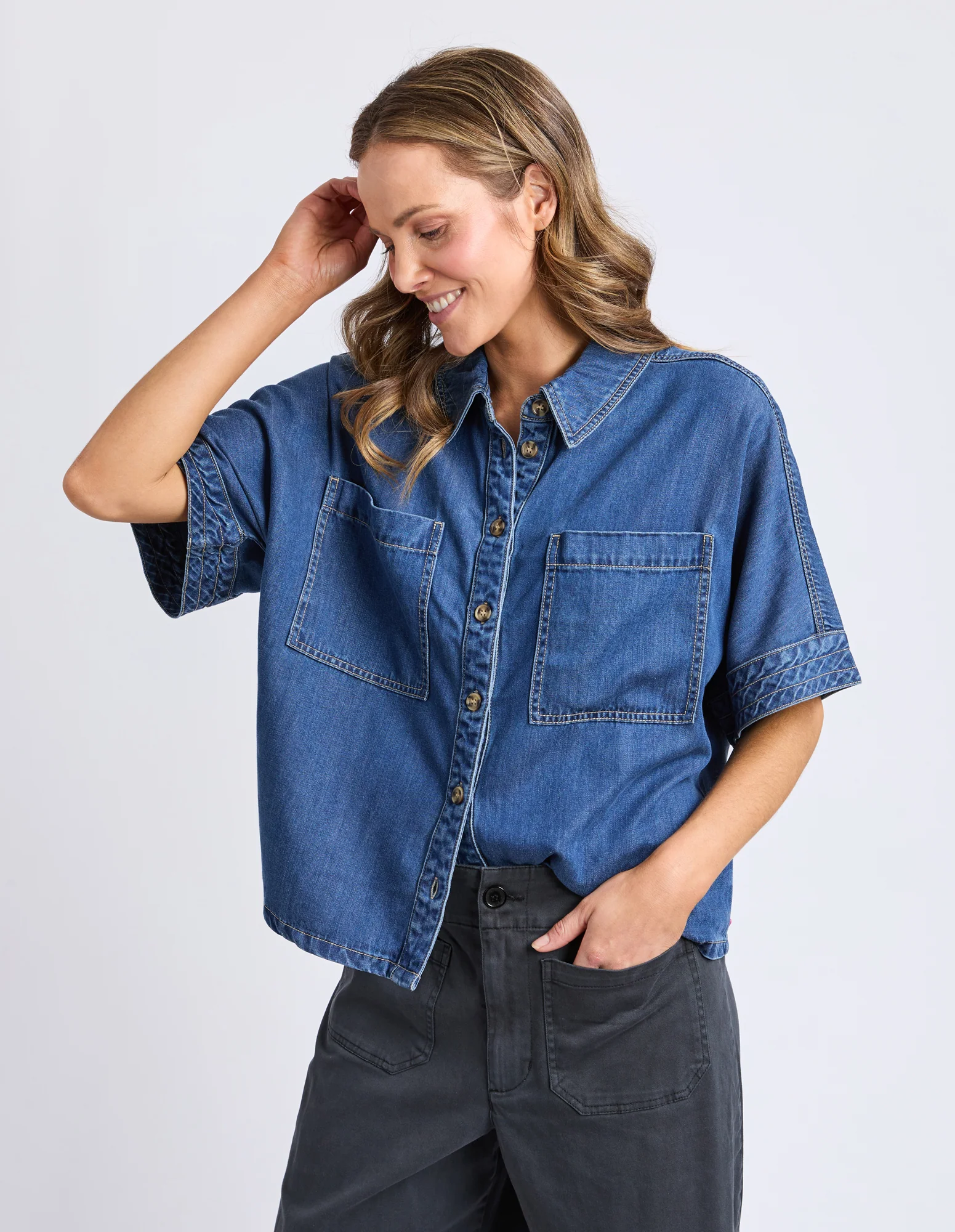 Demi Short Sleeve Denim Shirt Dark Blue Wash - Image 10