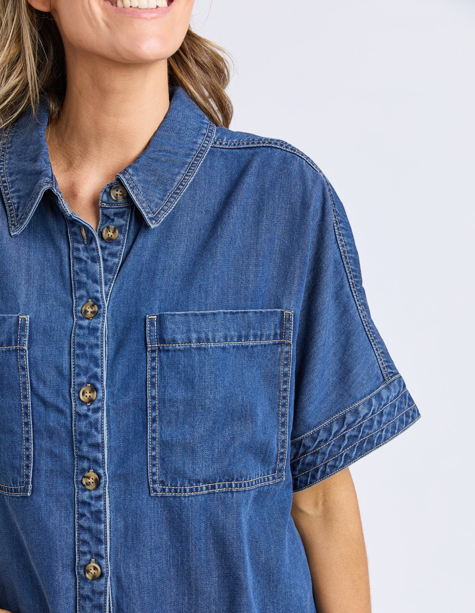 Demi Short Sleeve Denim Shirt Dark Blue Wash - Image 9