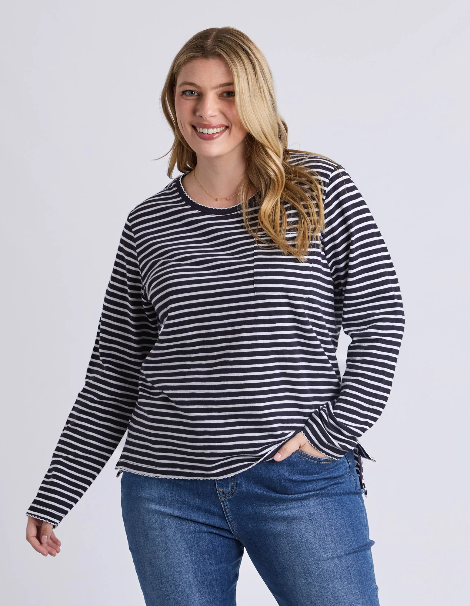 Drea Long Sleeve Tee Navy/White Stripe - Image 3