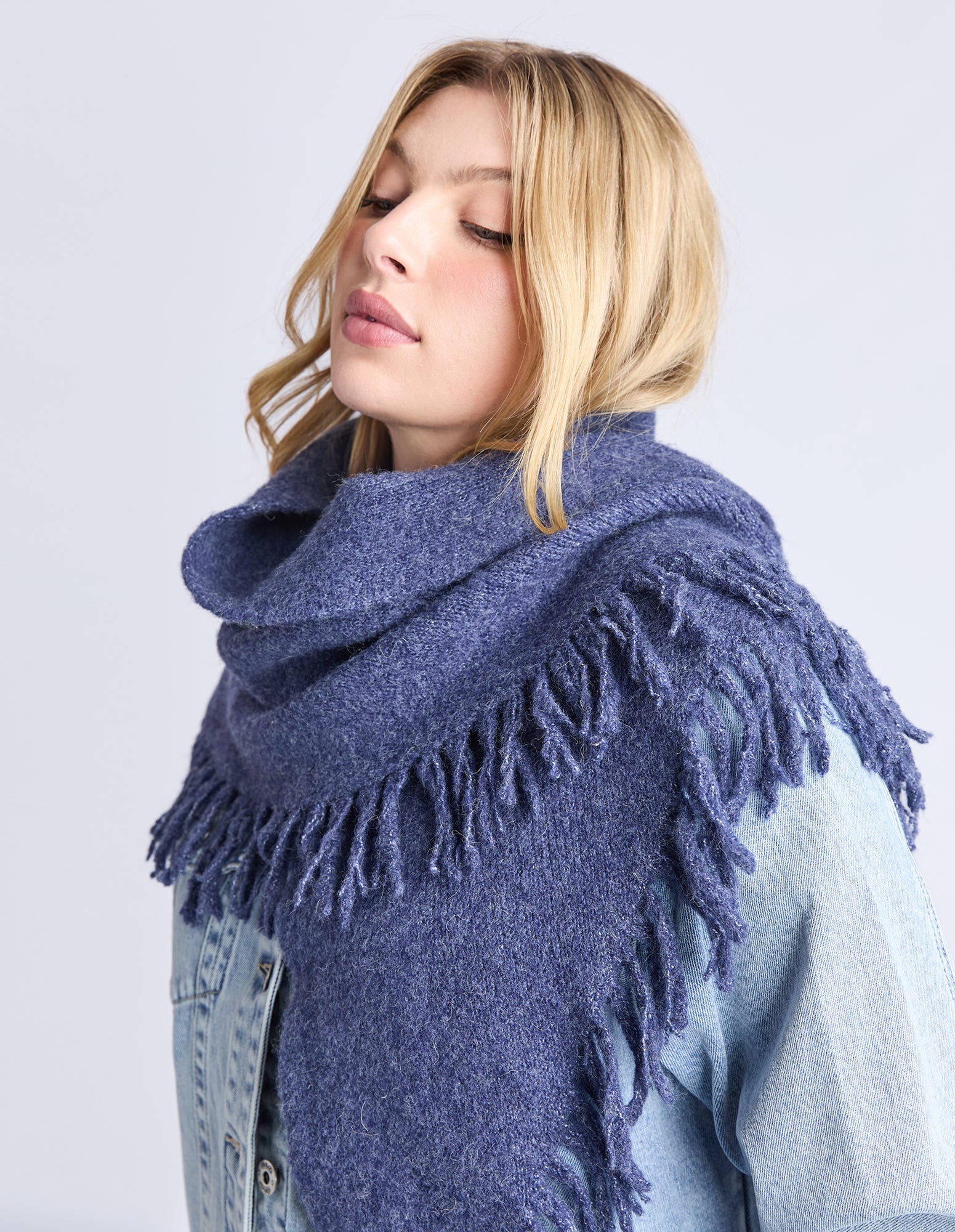 Elm Fringed Triangle Scarf Navy - Image 2