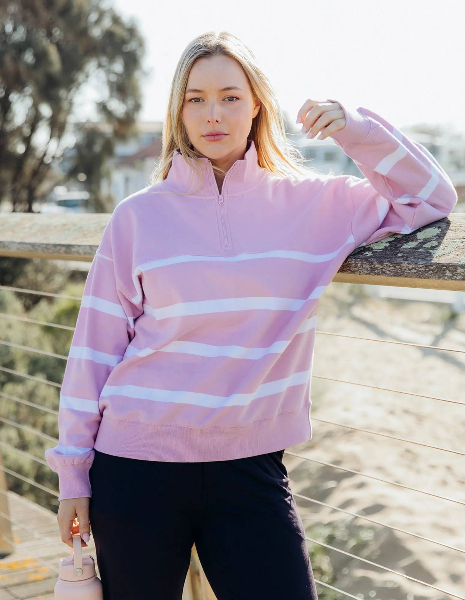 Freedom 1/4 Zip Crew Pink & White Stripe