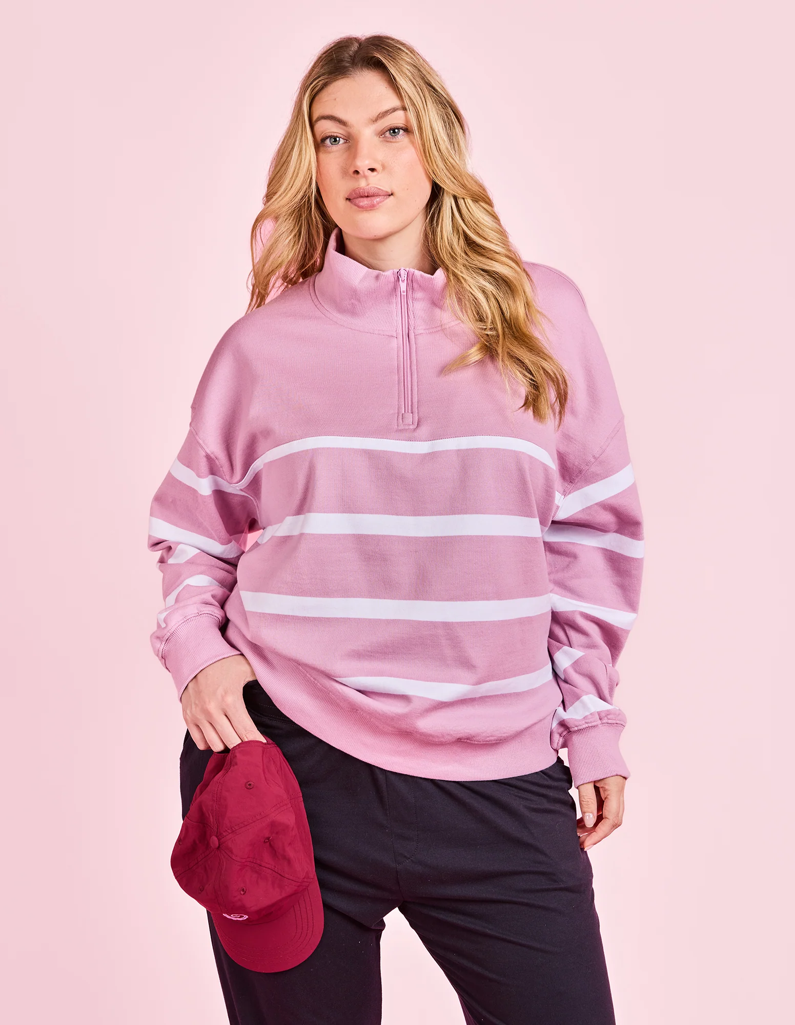 Freedom 1/4 Zip Crew Pink & White Stripe - Image 2
