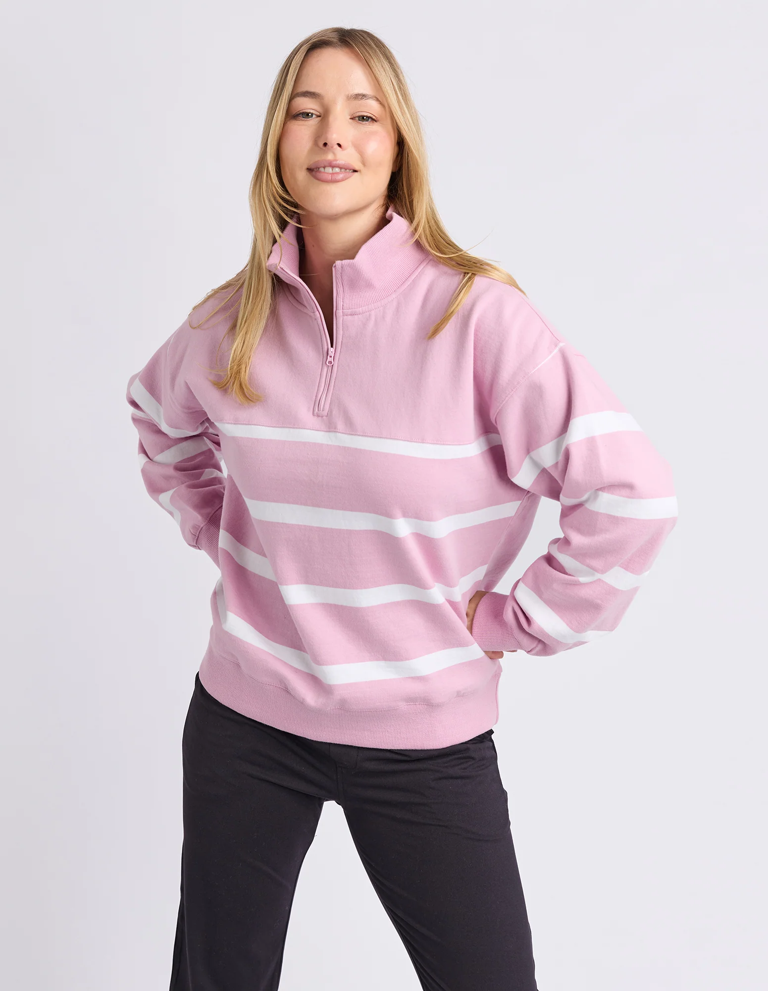 Freedom 1/4 Zip Crew Pink & White Stripe - Image 3