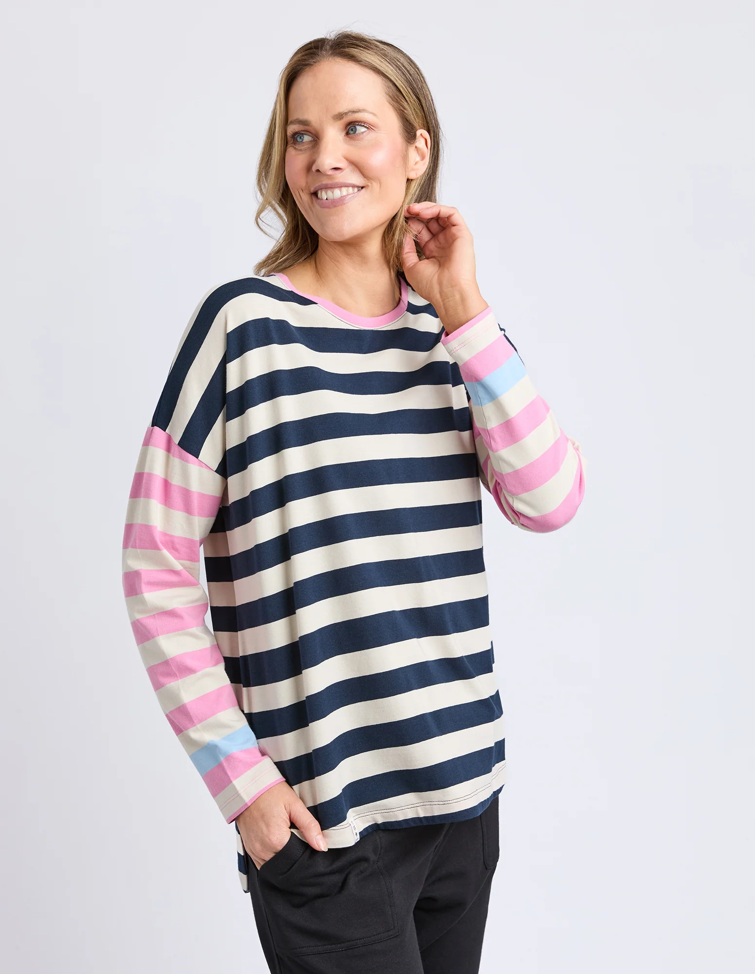 Gaeb Stripe Long Sleeve Tee White, Navy & Pink - Image 10