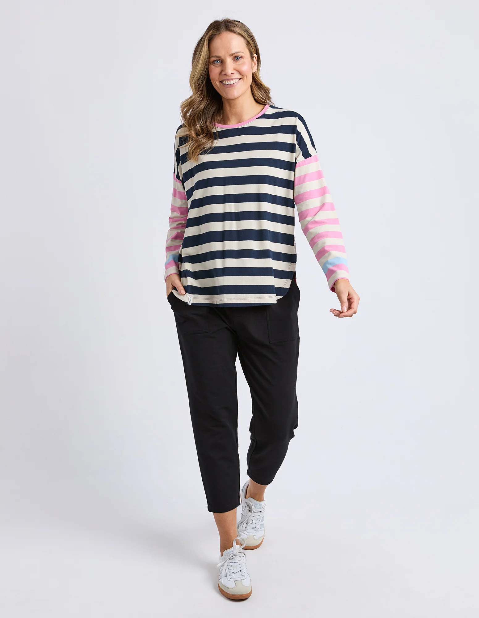 Gaeb Stripe Long Sleeve Tee White, Navy & Pink - Image 12