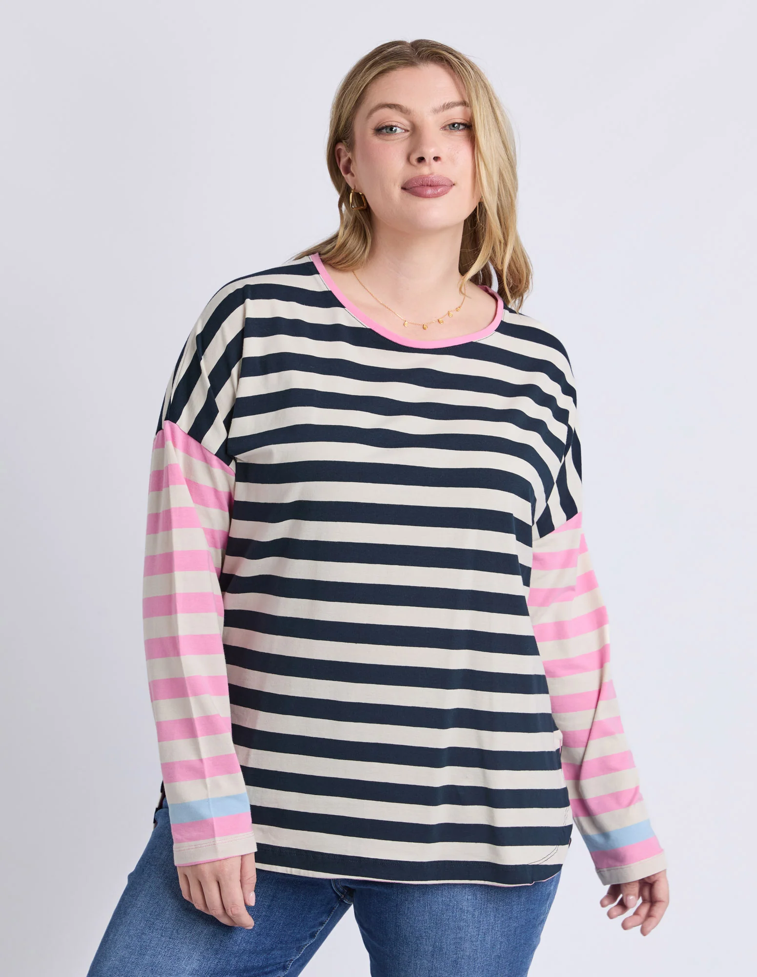 Gaeb Stripe Long Sleeve Tee White, Navy & Pink - Image 2
