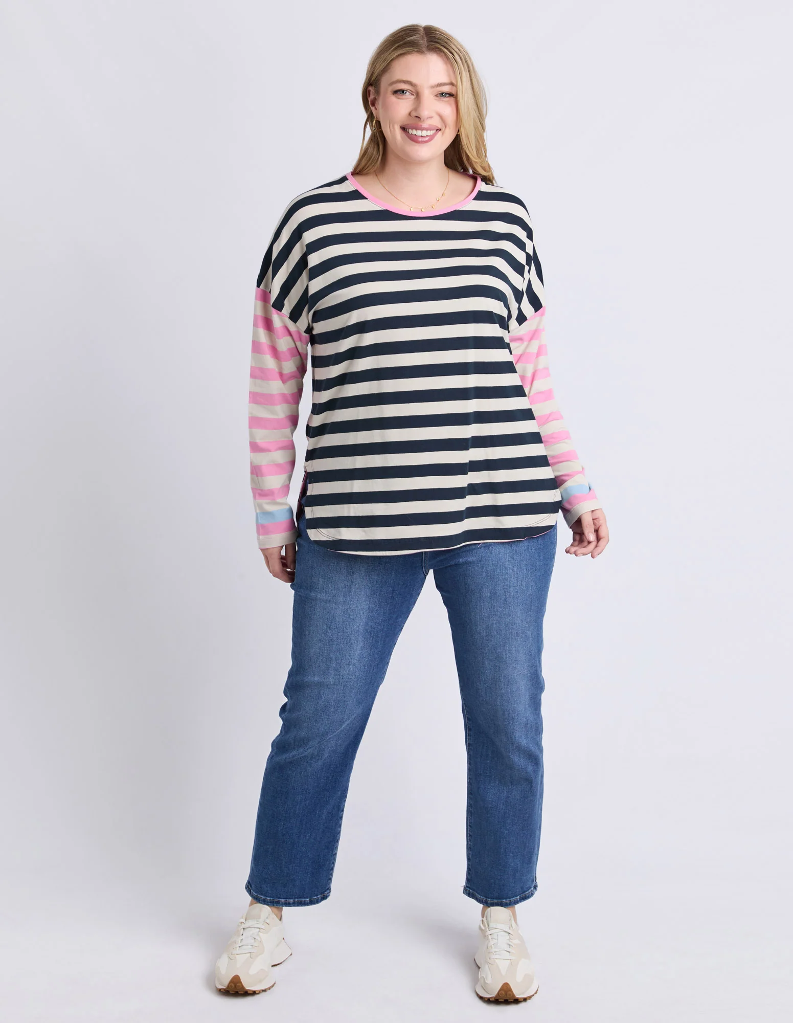 Gaeb Stripe Long Sleeve Tee White, Navy & Pink - Image 3