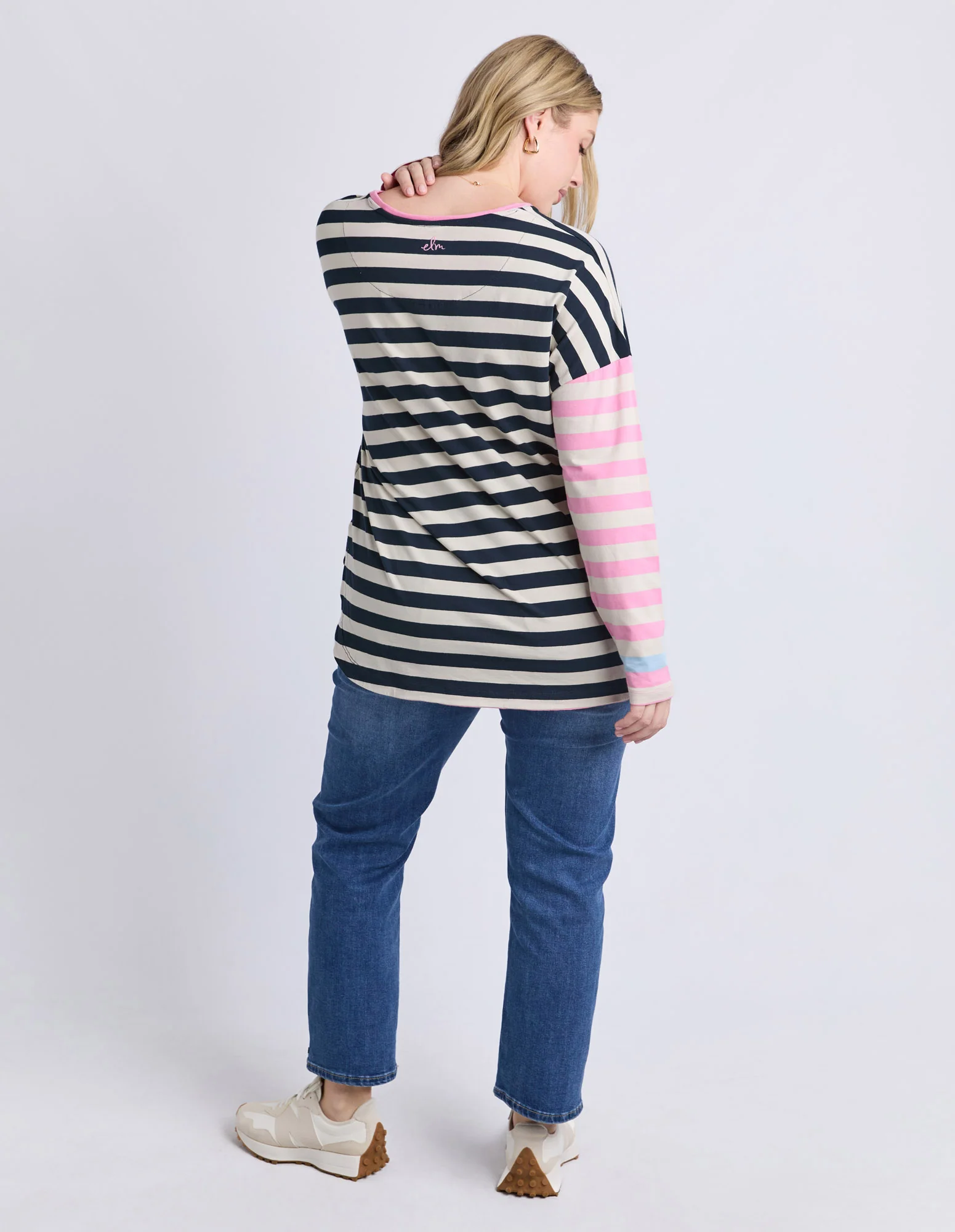 Gaeb Stripe Long Sleeve Tee White, Navy & Pink - Image 4