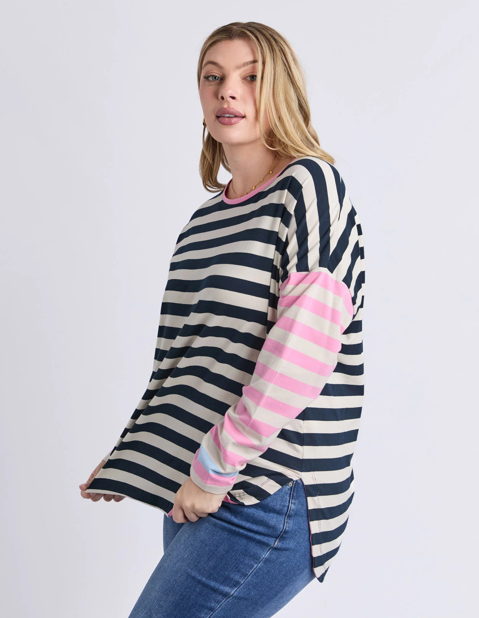 Gaeb Stripe Long Sleeve Tee White, Navy & Pink - Image 5