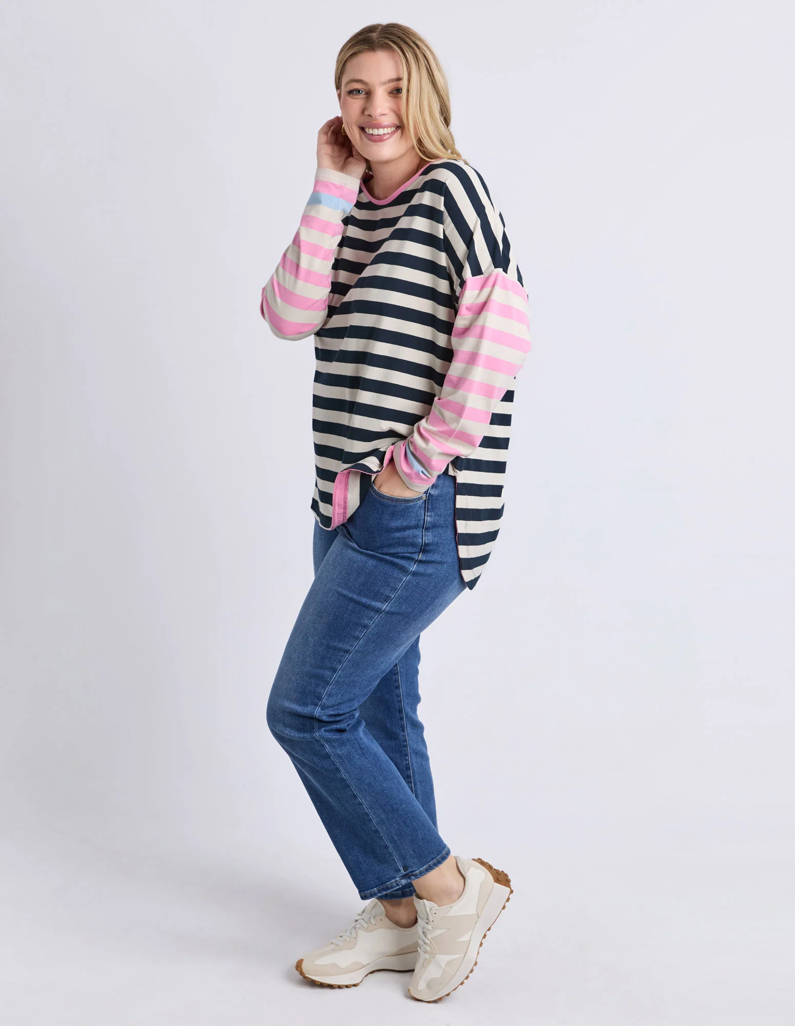 Gaeb Stripe Long Sleeve Tee White, Navy & Pink - Image 7
