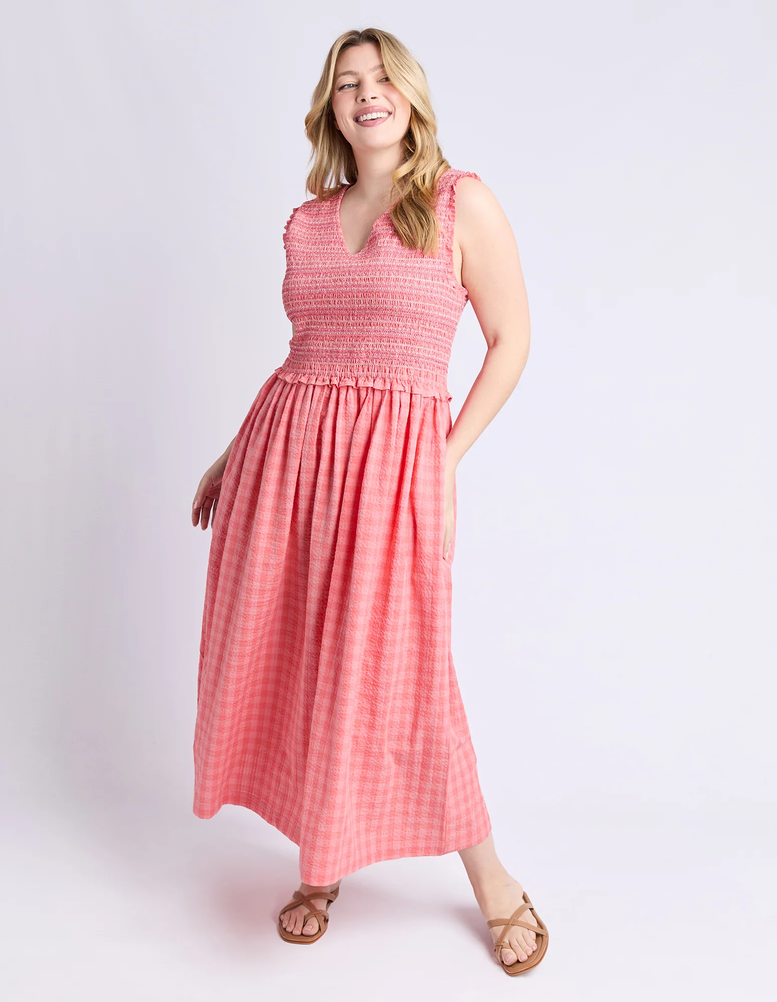 Gingham Shirred Dress Sugar Coral - Image 2