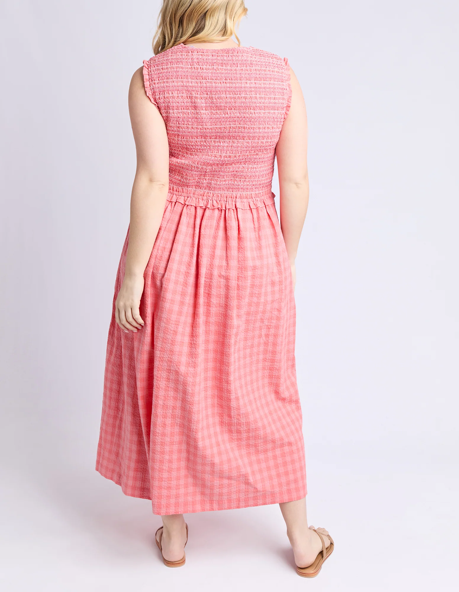 Gingham Shirred Dress Sugar Coral - Image 3