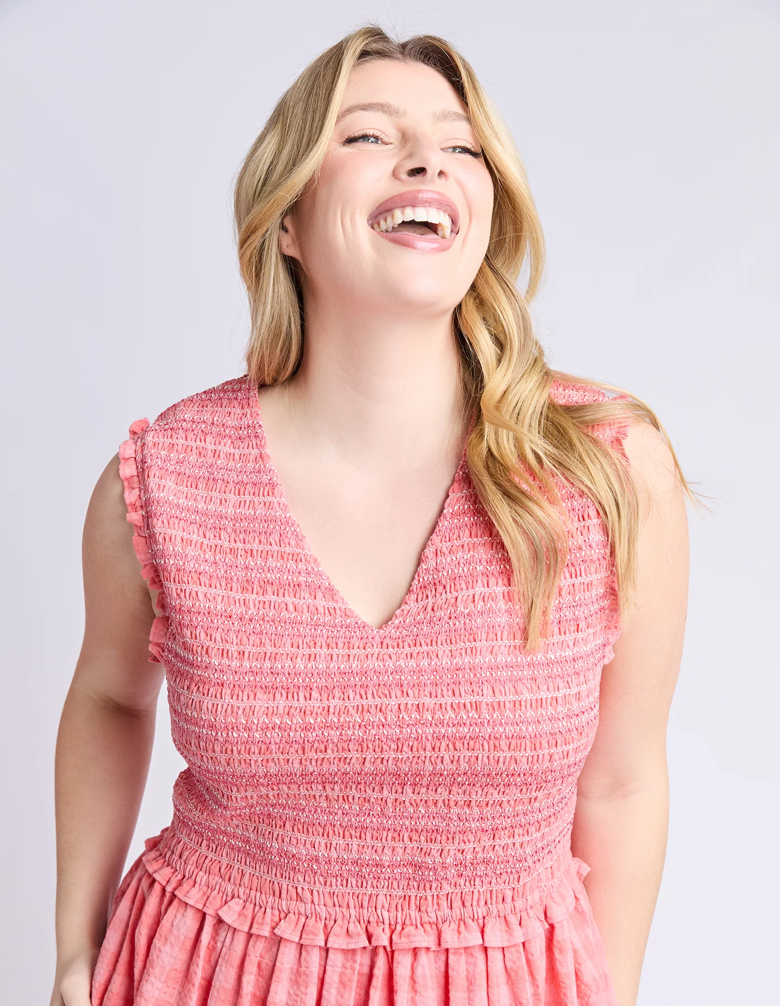 Gingham Shirred Dress Sugar Coral - Image 4