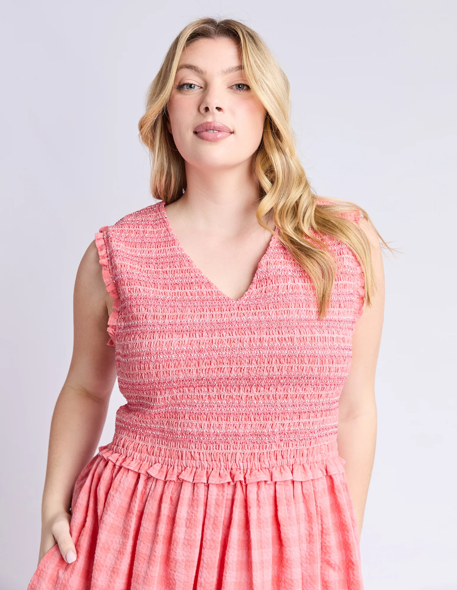Gingham Shirred Dress Sugar Coral - Image 5