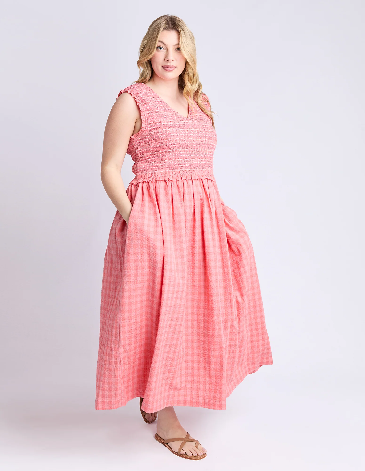 Gingham Shirred Dress Sugar Coral - Image 6