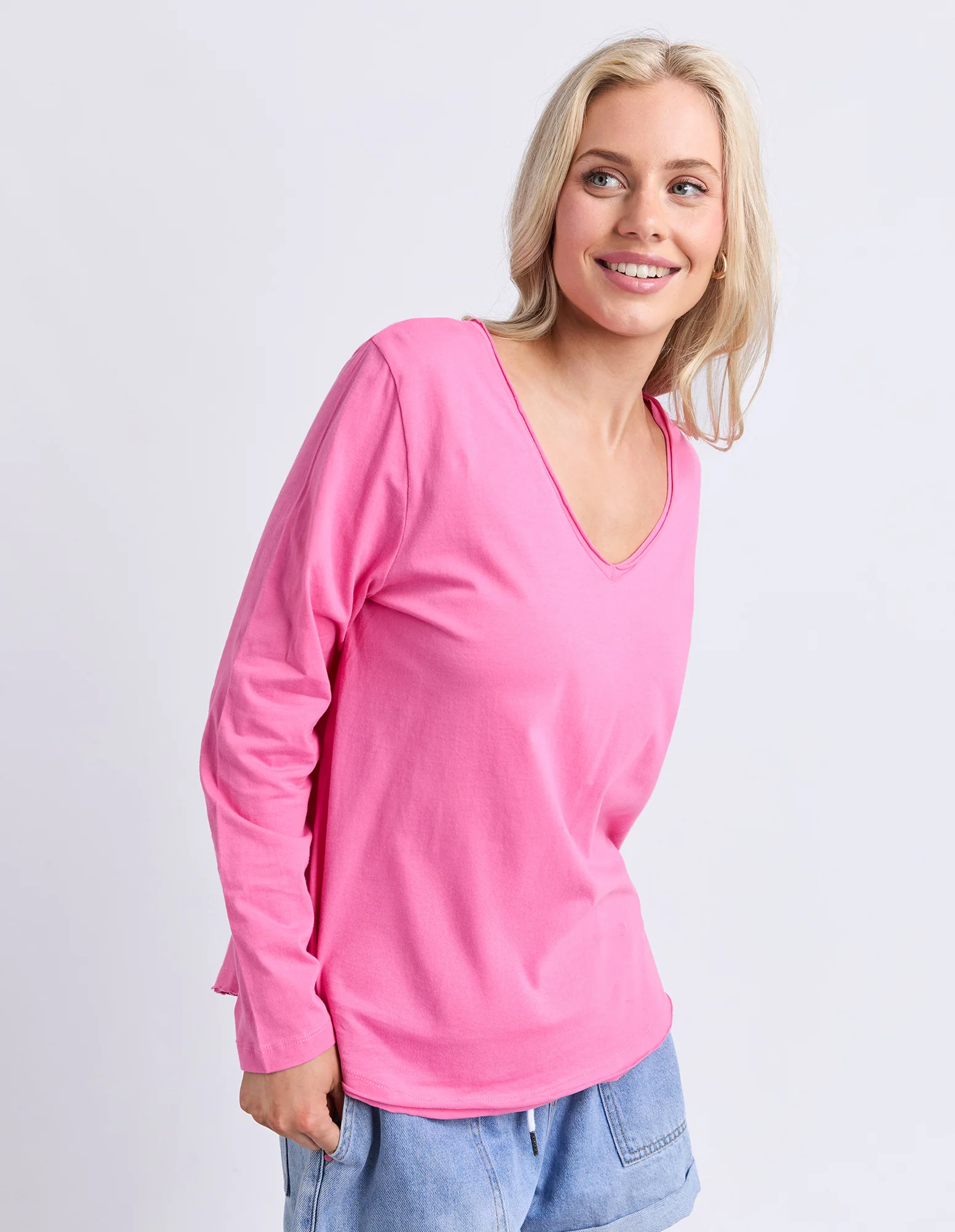 Pima Long Sleeve Vee Tee Hot Pink - Image 4