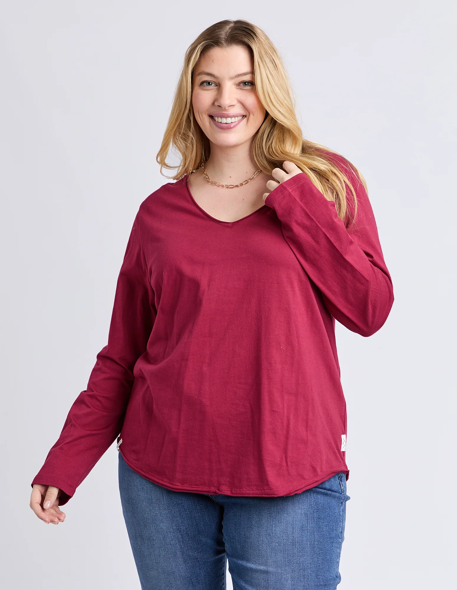 Pima Long Sleeve Vee Tee Maroon - Image 2