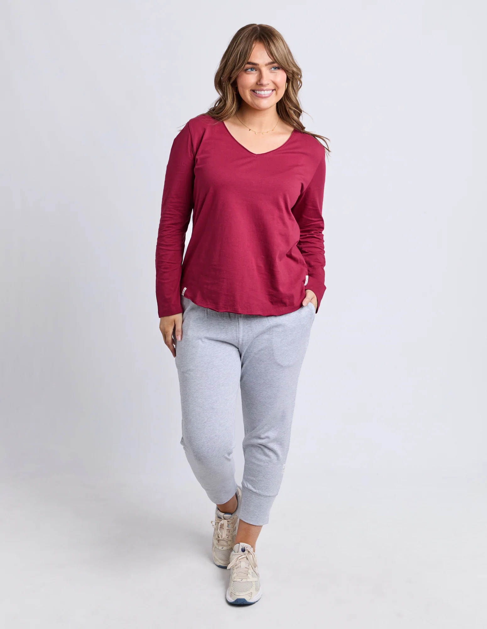 Pima Long Sleeve Vee Tee Maroon - Image 3