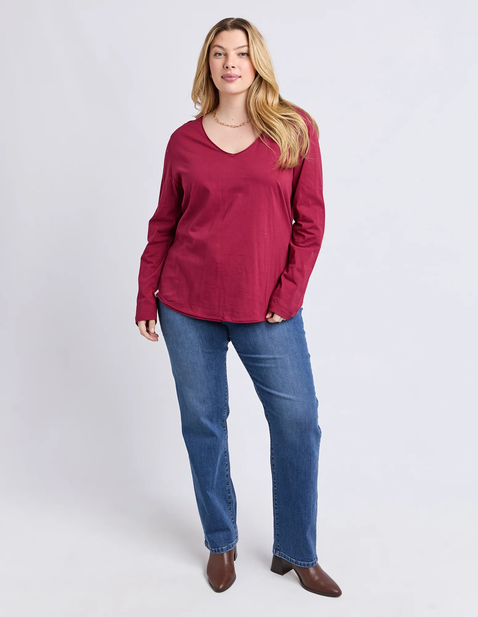 Pima Long Sleeve Vee Tee Maroon - Image 4