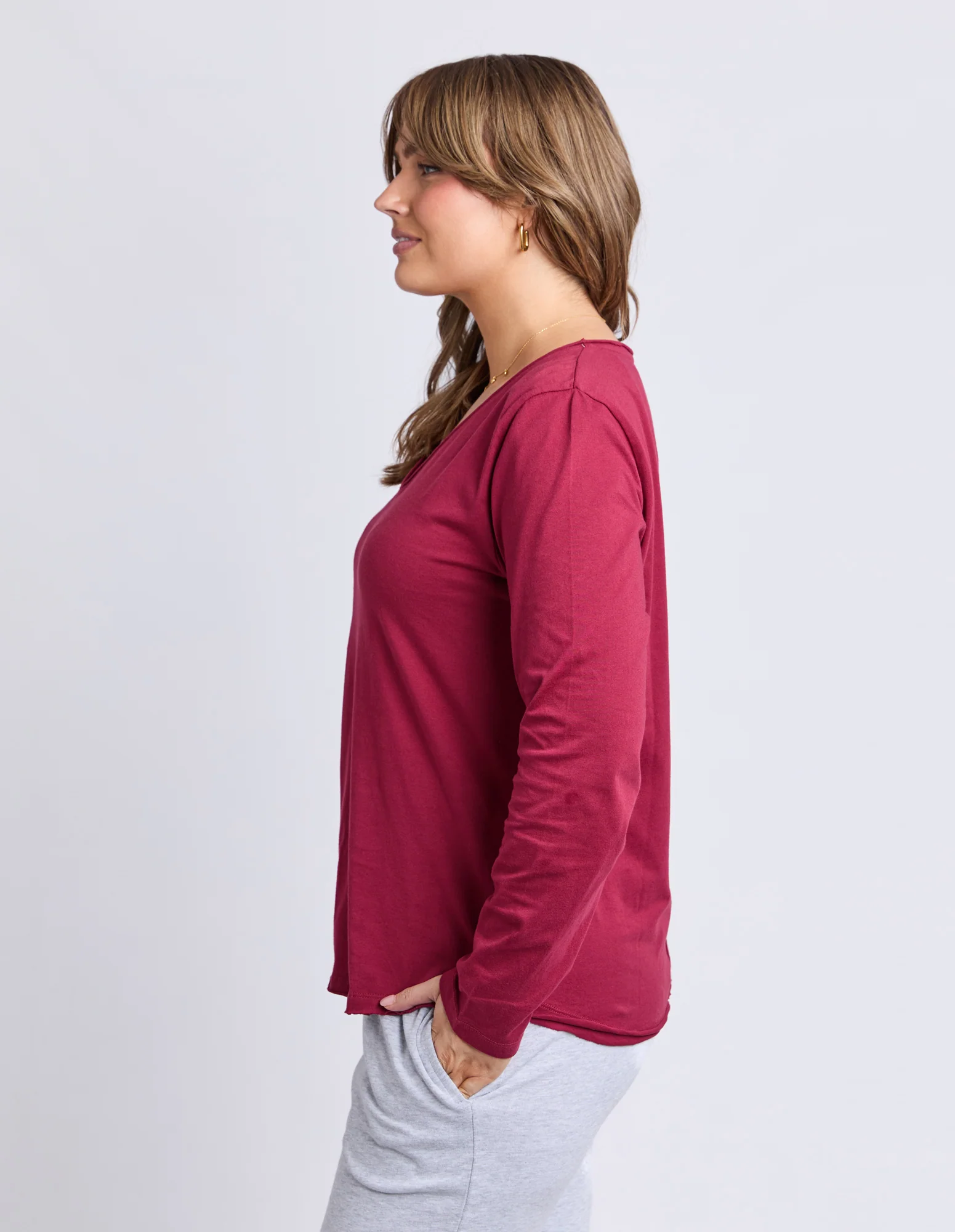 Pima Long Sleeve Vee Tee Maroon - Image 7