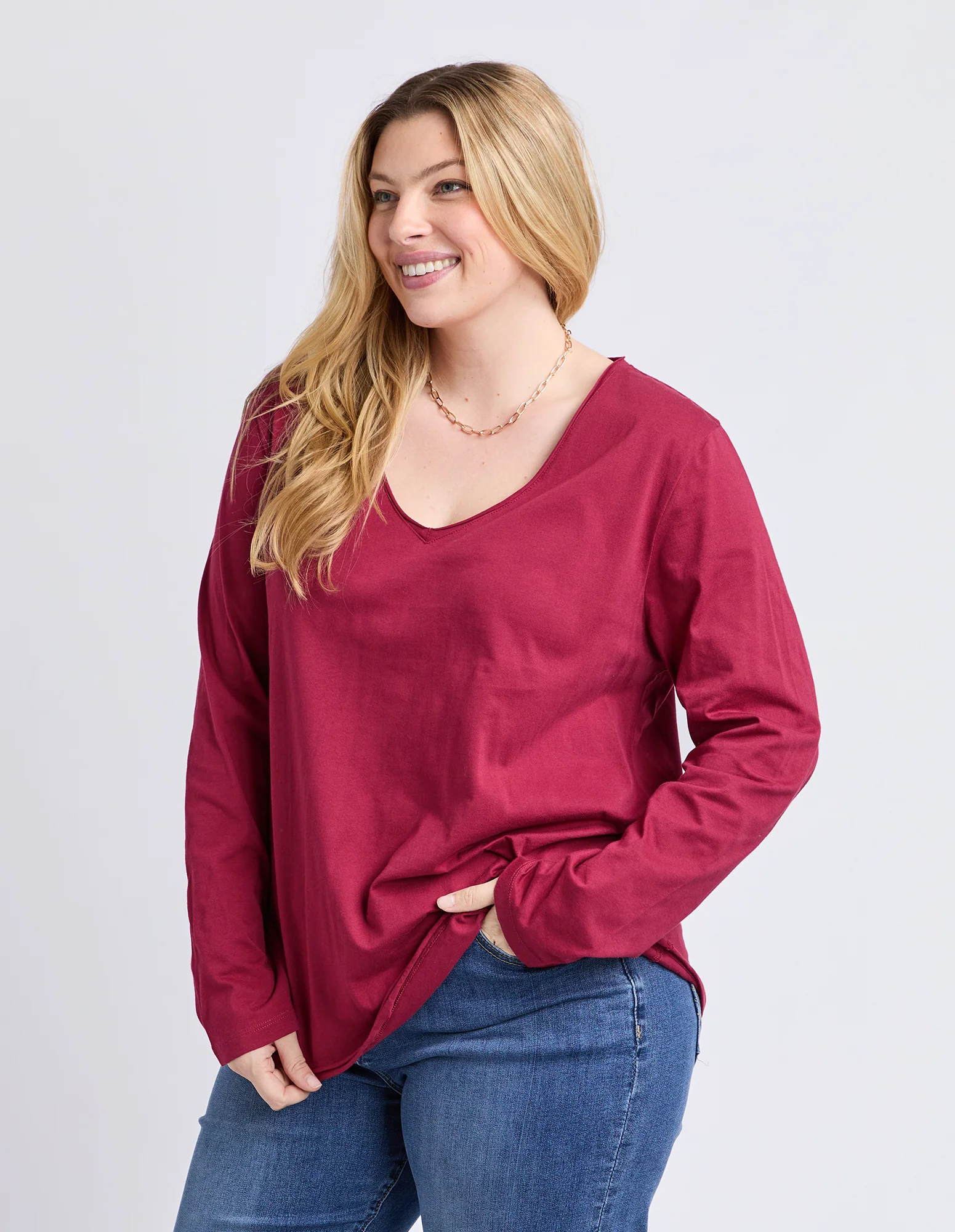 Pima Long Sleeve Vee Tee Maroon - Image 8