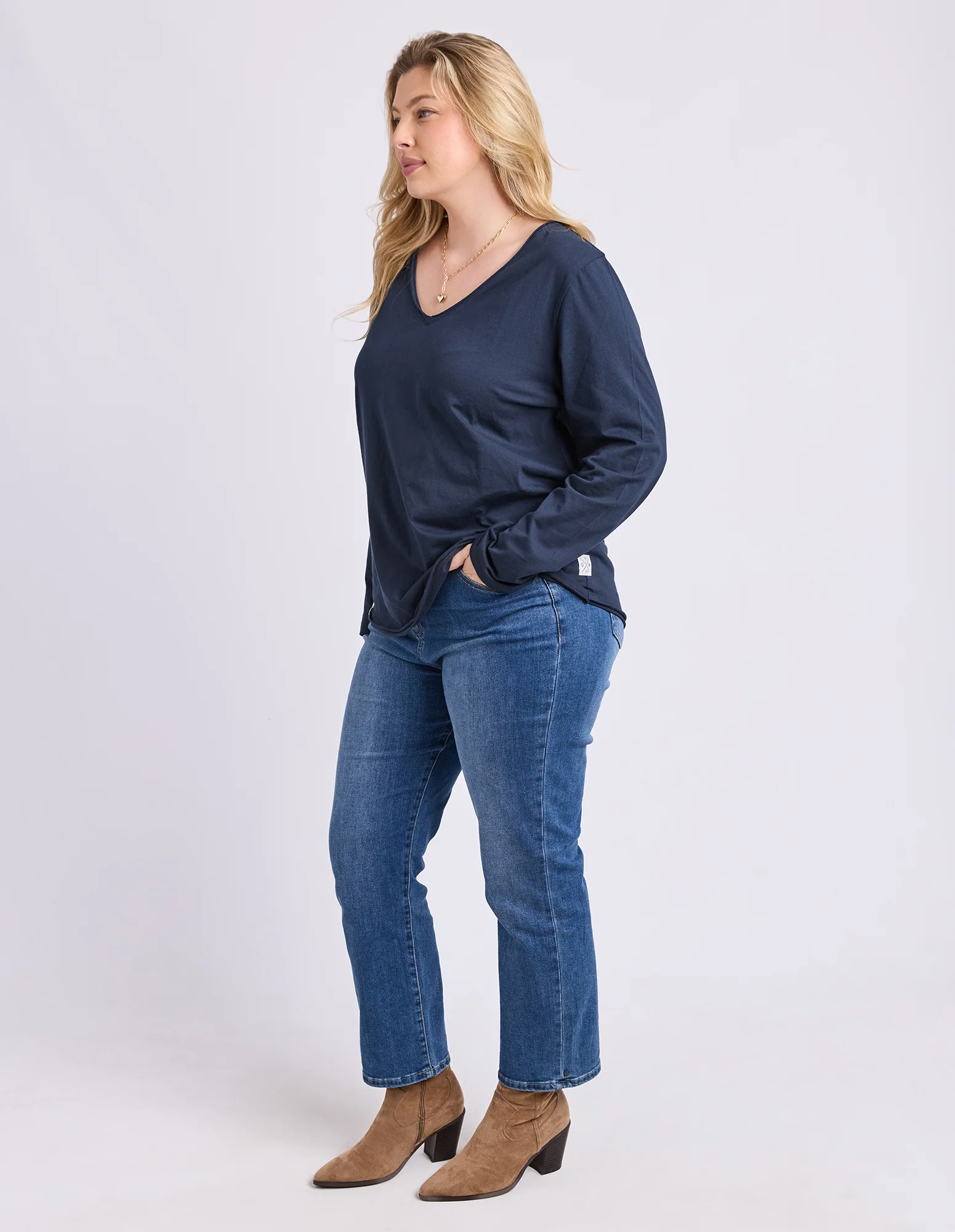 Pima Long Sleeve Vee Tee Navy - Image 2