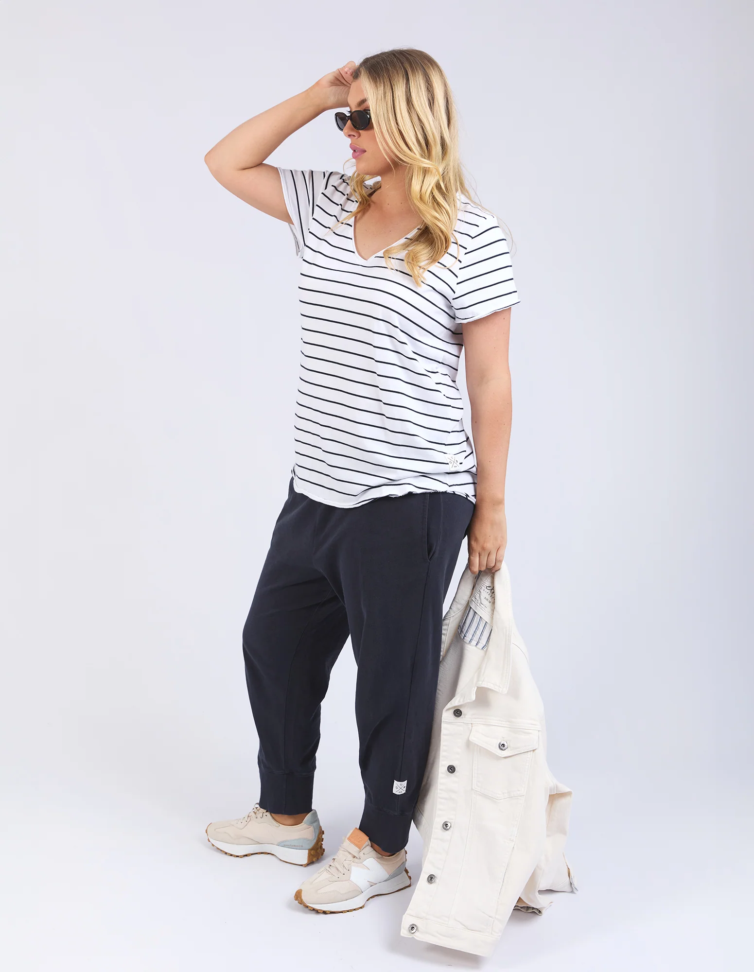 Pima Stripe Vee Tee White & Navy - Image 12