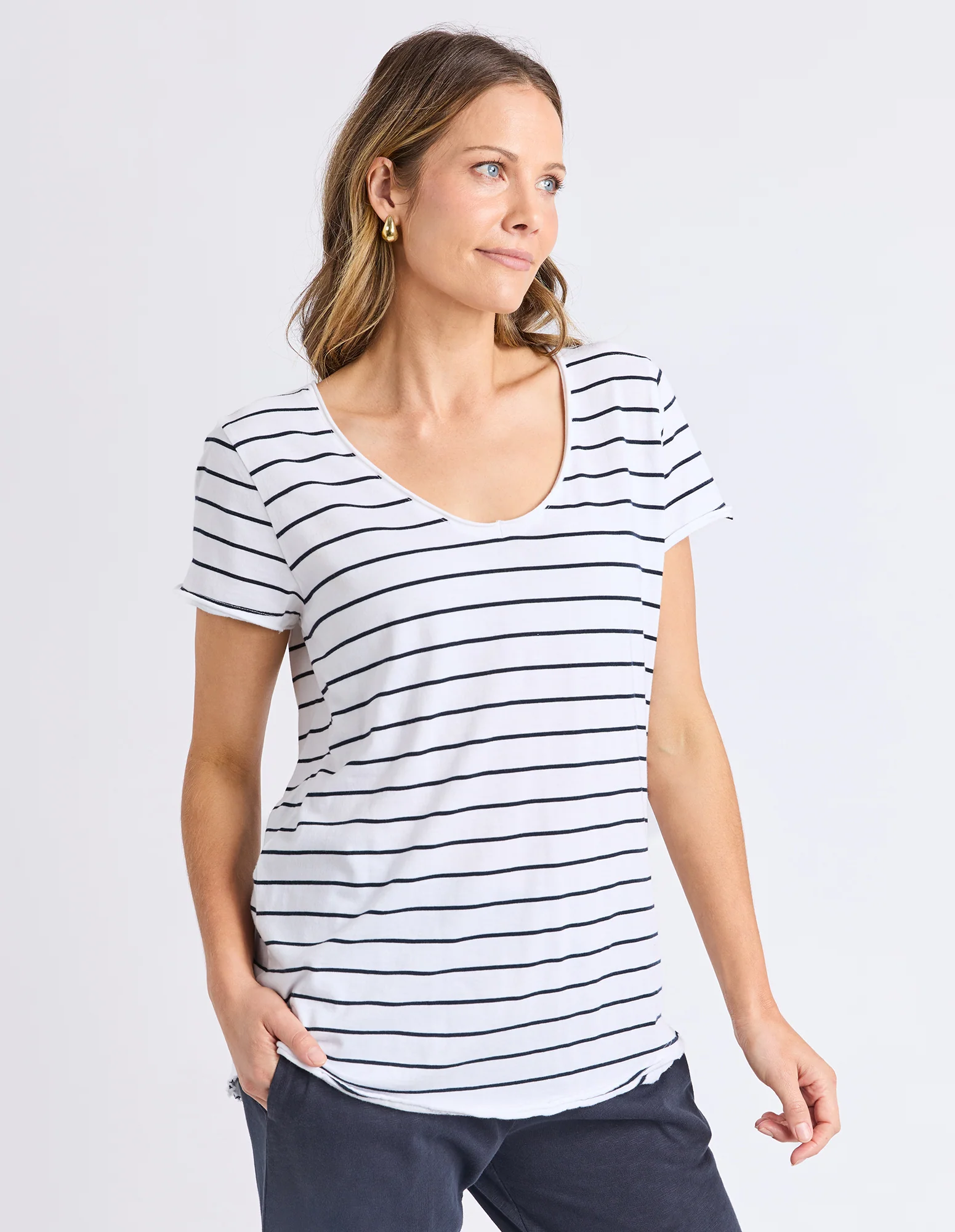 Pima Stripe Vee Tee White & Navy - Image 4
