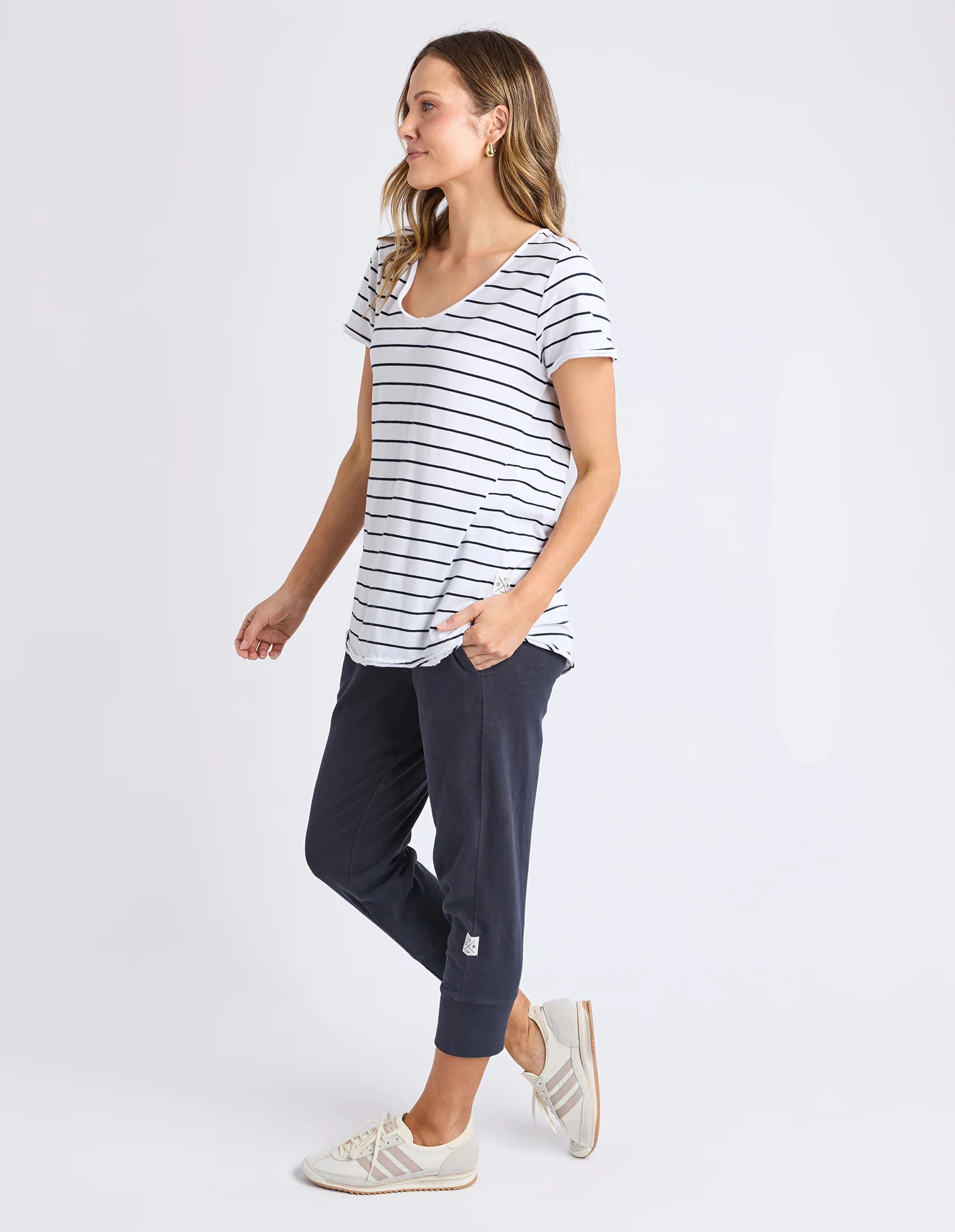 Pima Stripe Vee Tee White & Navy - Image 6