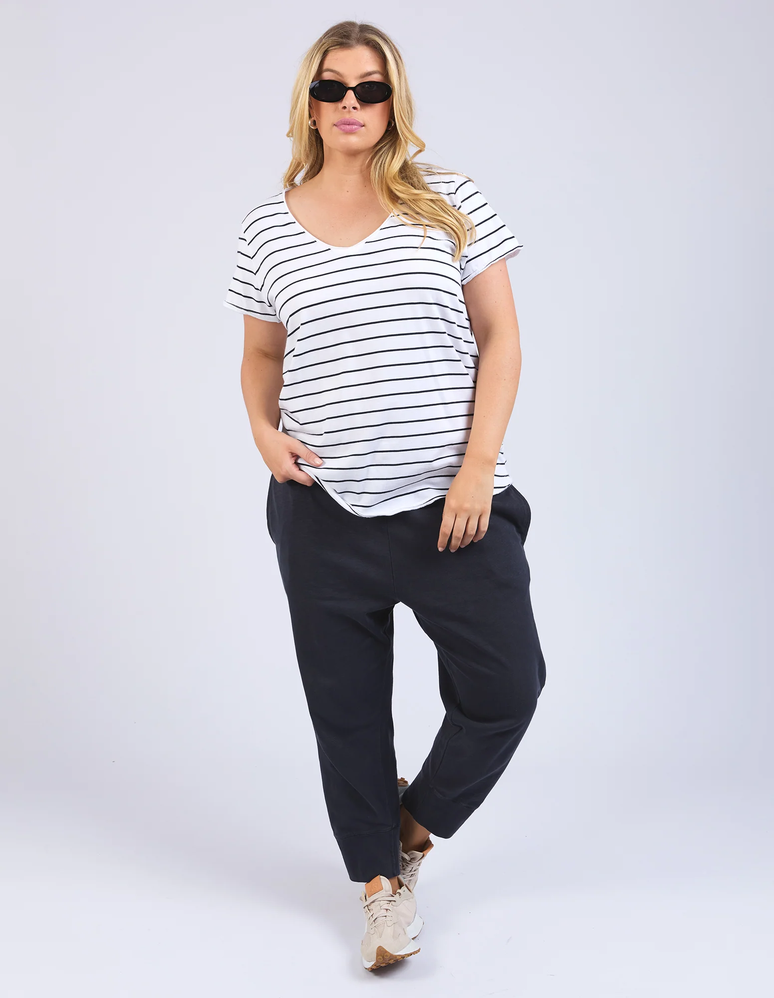 Pima Stripe Vee Tee White & Navy - Image 8