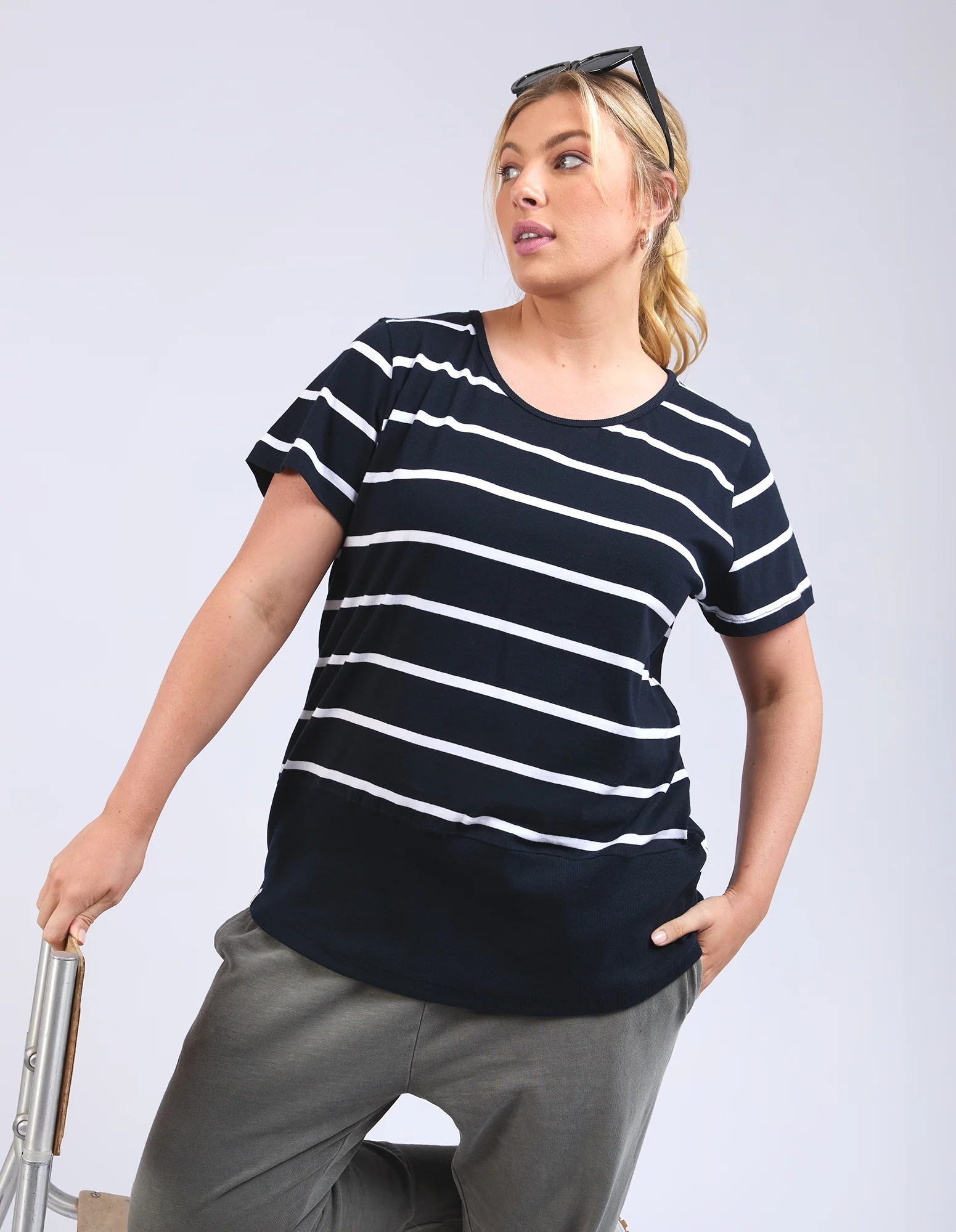 Rib Short Sleeve Tee Navy & White Stripe - Image 7